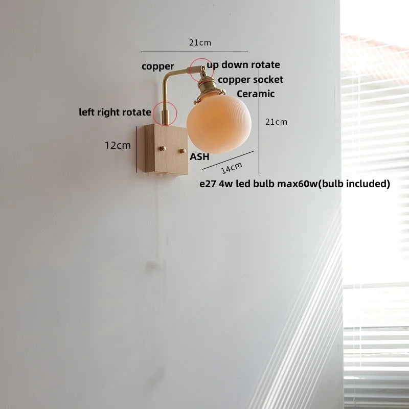 Afralia™ Nordic LED Wall Light with Pull Chain Switch, Rotatable Design in Walnut Copper & Ceramic