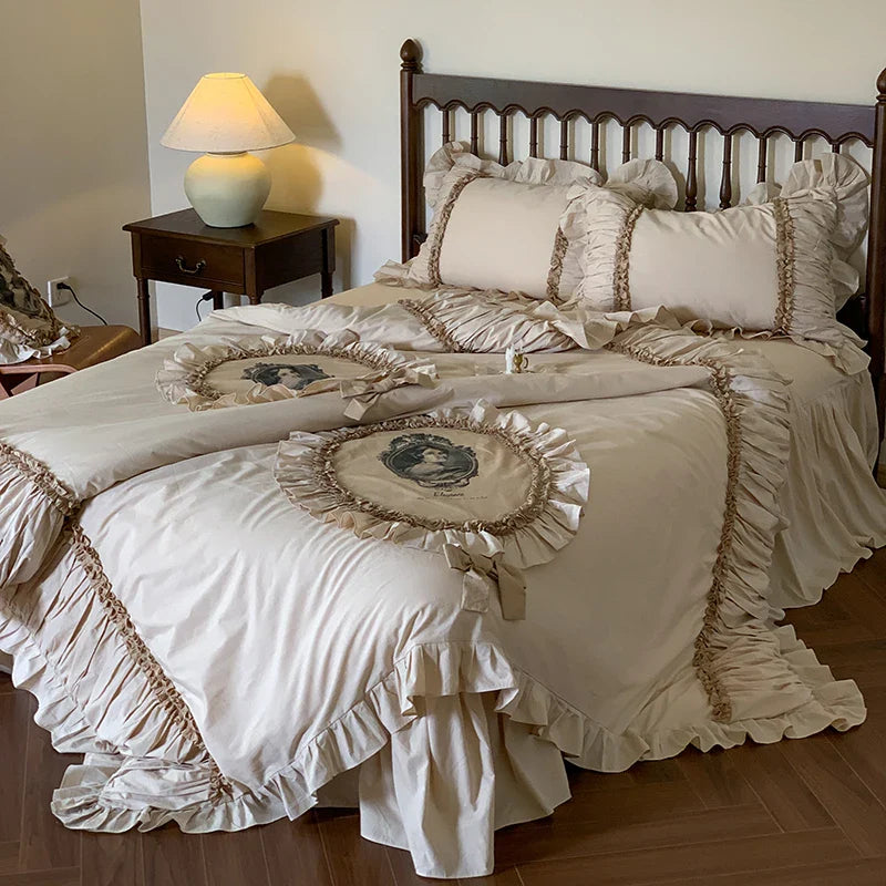 Afralia™ French Lace Ruffles Vintage Bedding Set, 100% Cotton, Queen/King, 4Pcs