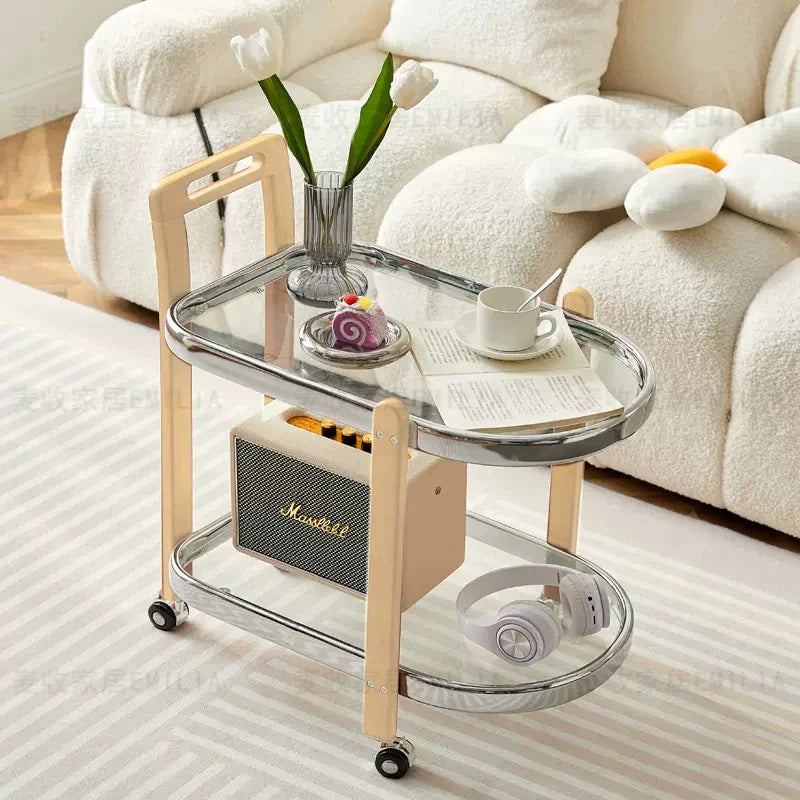 Afralia™ Nordic Wood End Table with Glass Top & Movable Trolley - Multifunctional Storage Rack