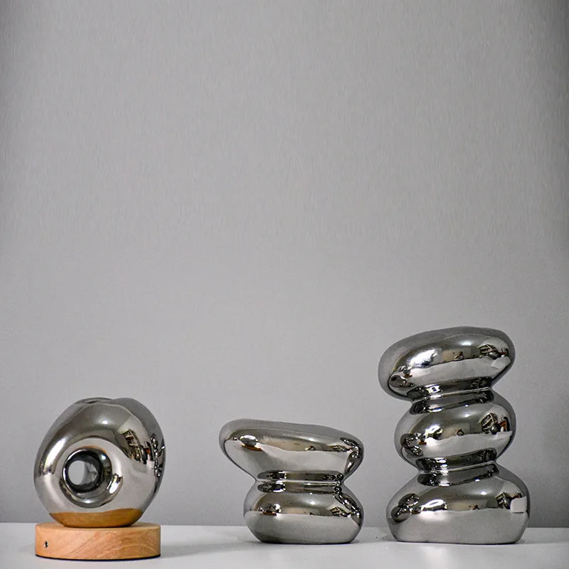 Afralia™ Silver Pebble Ceramic Geometric Vase for Floral Arrangement and Room Decoration