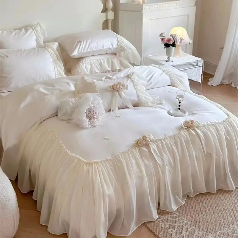 Afralia™ Romantic Rose Lace Ruffles Princess Wedding Bedding Set - 1200TC Egyptian Cotton