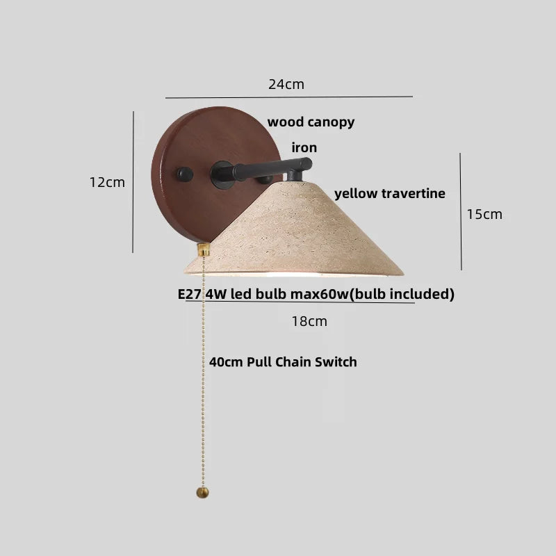 Afralia™ LED Yellow Travertine Wall Light with Wood Pull Chain Switch and Iron Frame