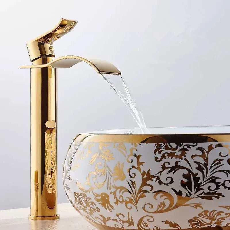 Afralia™ Gold and White Waterfall Bathroom Basin Faucet Mixer Tap Hot Cold Sink