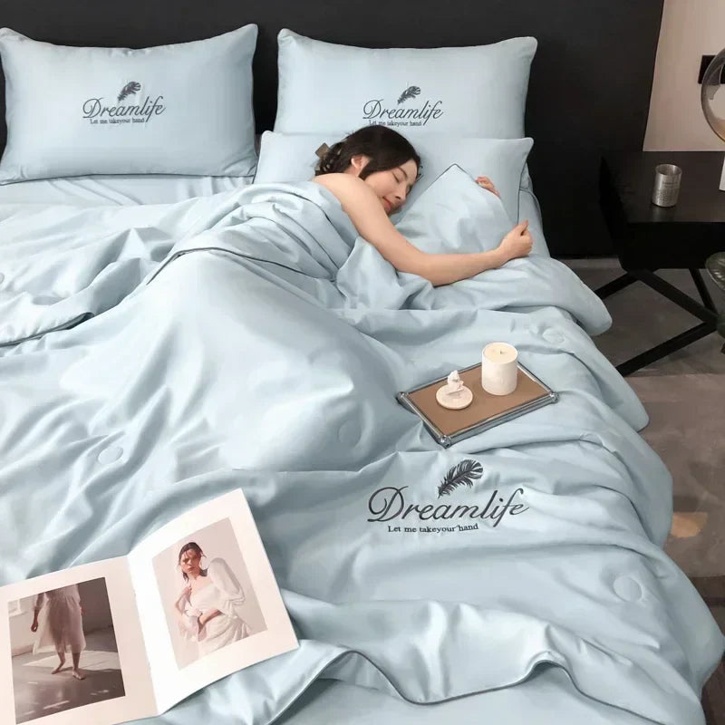 Afralia™ Luxury Embroidery Quilt Set, 4-Piece Summer Comforter Bedding for Air-Conditioned Comfort