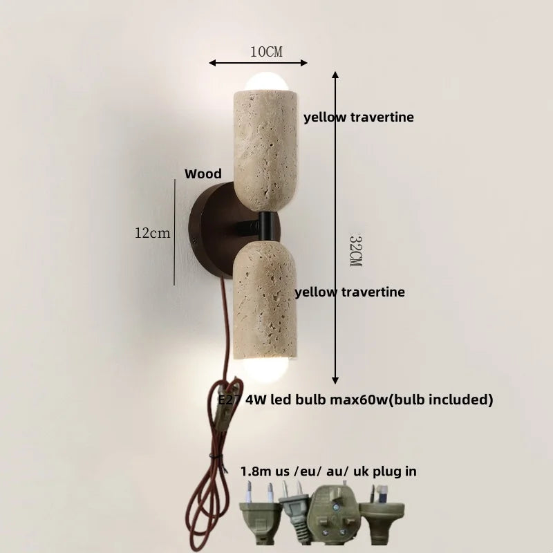 Afralia™ LED Wall Light Fixture Travertine Stone Wood Canopy Bedside Lamp