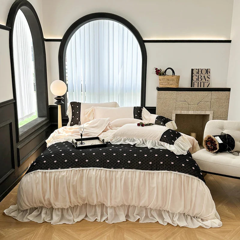 Afralia™ Princess Velvet Fleece Bedding Set with Romantic Ruffles, Queen/King, 4Pcs
