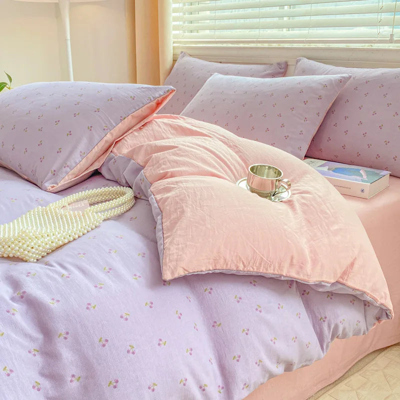 Afralia™ Cartoon Heart Floral Print Duvet Set with Bed Sheet & Pillowcases