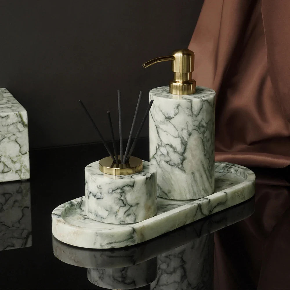 Afralia™ Emerald Marble Bathroom Set Luxury Accessories Vanity Tray & Reed Diffuser