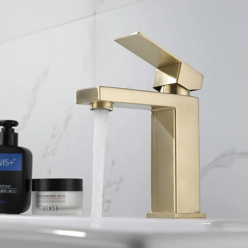 Afralia™ Brushed Gold Basin Faucet Single Handle Cold Hot Water Mixer Deck Mounted