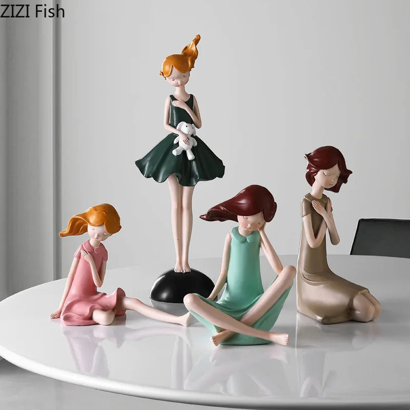 Afralia™ Cartoon Girl Resin Sculpture Desk Decoration Room Ornament Artifacts