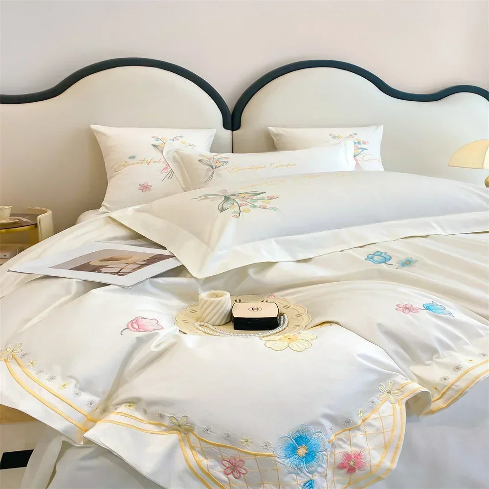 Afralia™ Butterfly Flowers Embroidery Cotton Bedding Set, 4pcs King Queen Size.