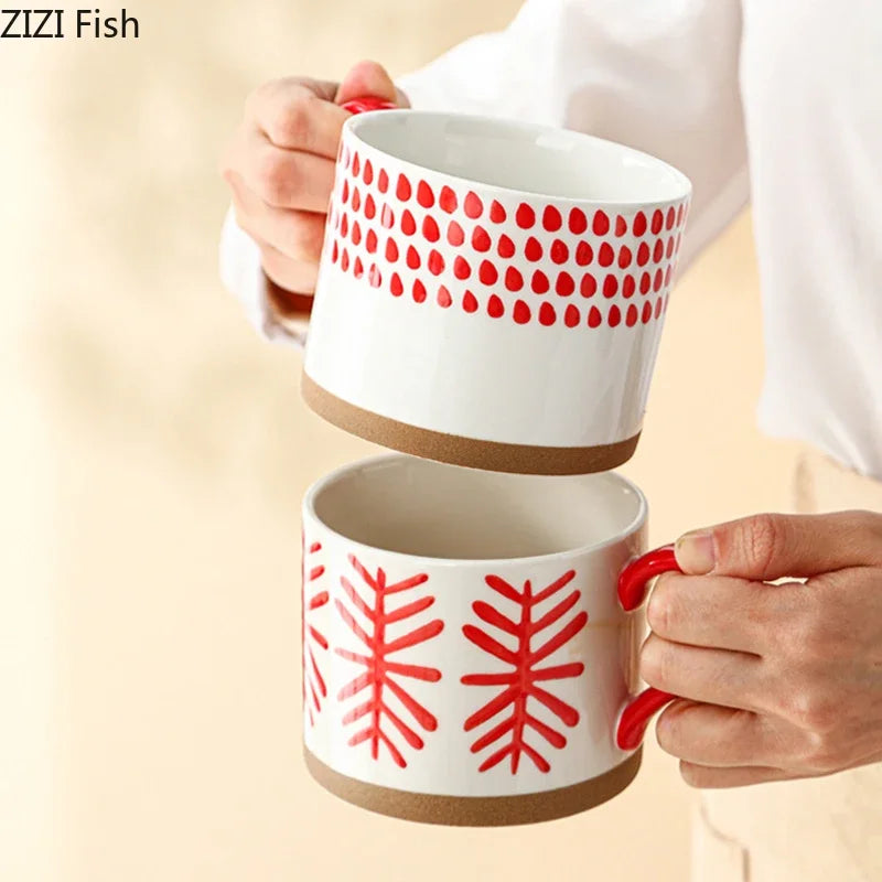 Afralia™ Red Patterned Porcelain Stacking Cup Set - Dining Table Coffee Mug Teacup