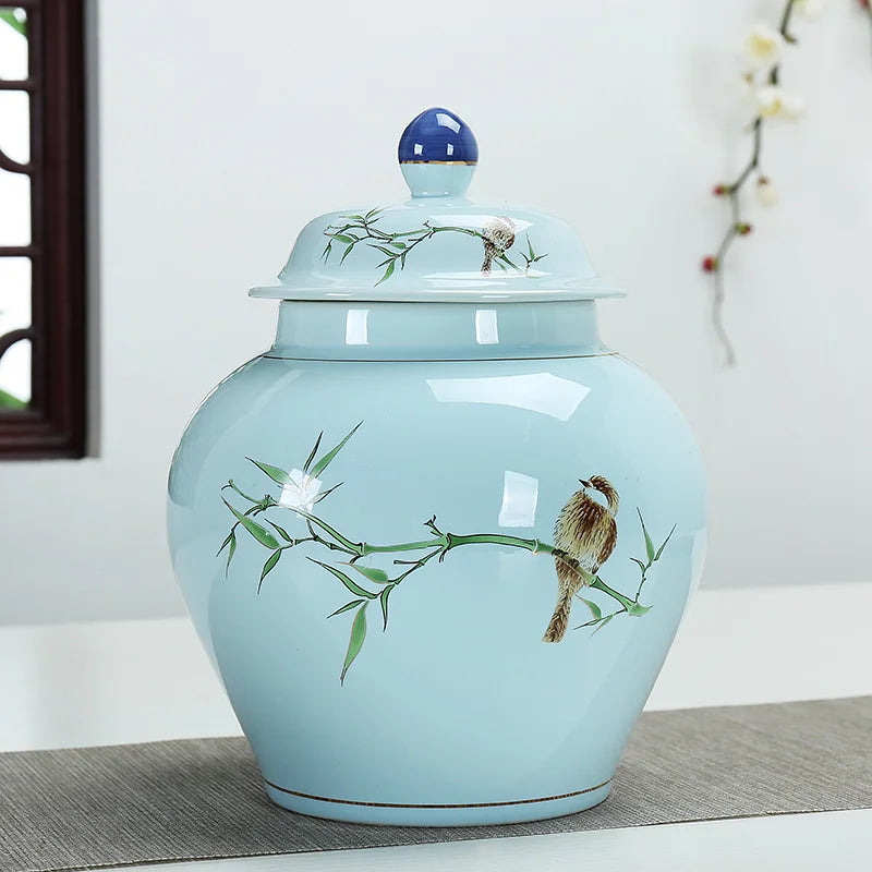 Afralia™ Hand Painted Blue and White Ceramic Tea Canister Jar