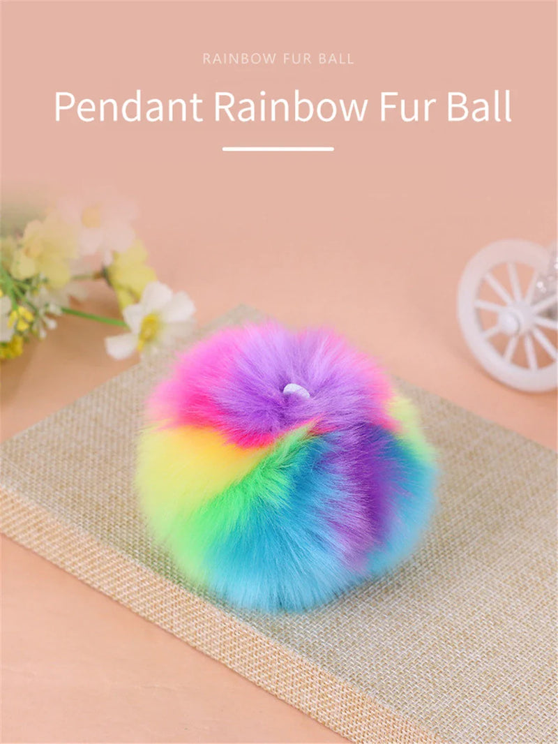 Afralia™ Rainbow Fluffy Ball Keychain Handbag Charm Bunny Pom Pom