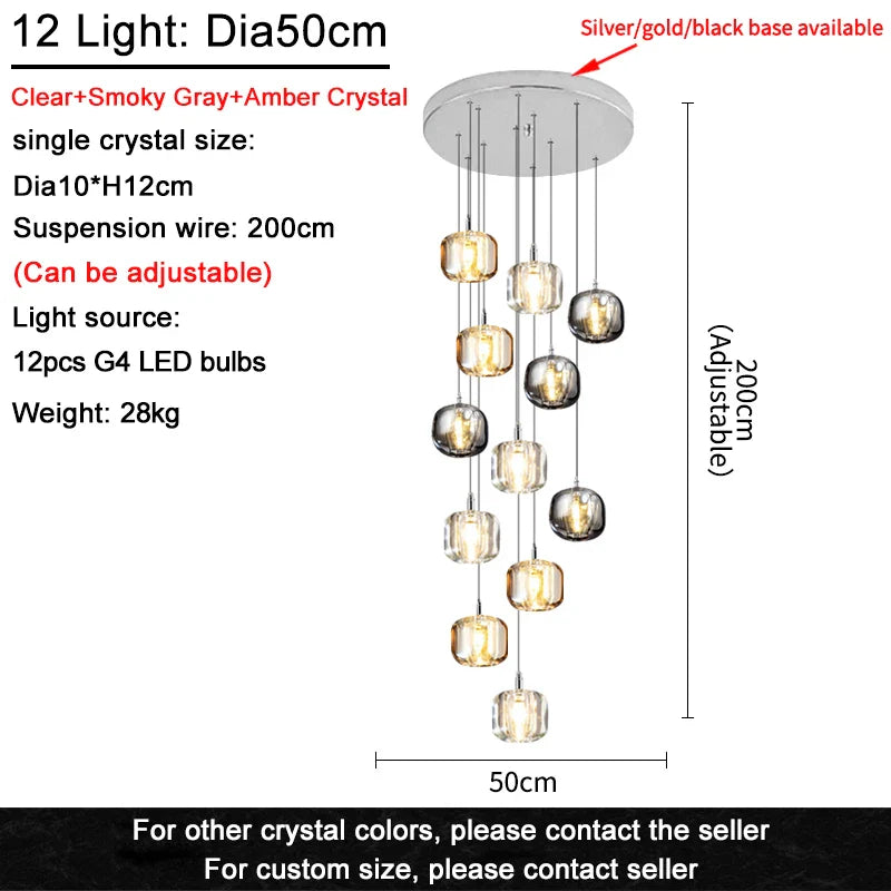 Afralia™ Crystal Staircase Chandelier: Luxury Amber/Smoky Grey/Clear LED Hanging Lamp