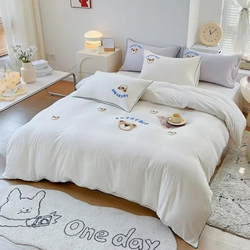 Afralia™ Cute Bear & Sheep Embroidery Bedding Set for Single/Double Bed