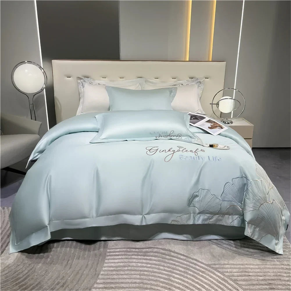 Afralia™ 1200TC Embroidery Egyptian Cotton Bedding Set 4pcs King Queen Solid Sheet Duvet Cover