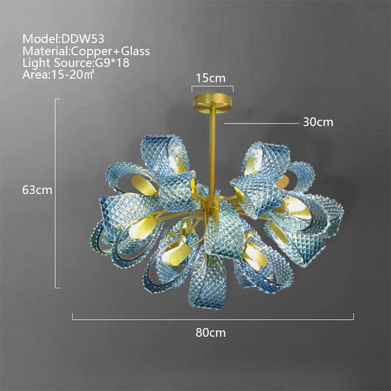 Afralia™ Blue Glass Luxury Brass Ceiling Pendant Light - Creative Flower Design