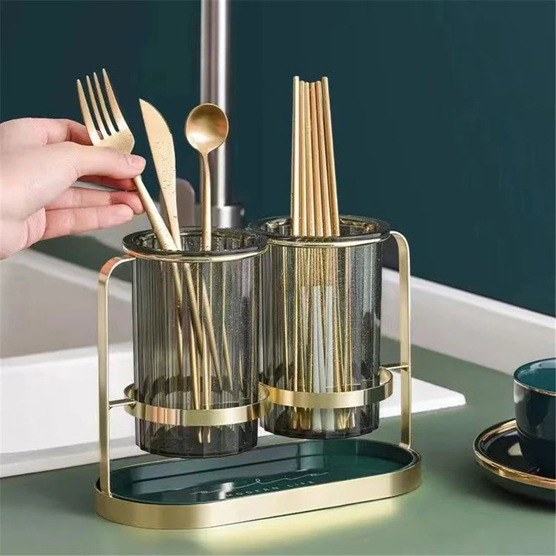 Stainless Steel Kitchen Utensil Holder Double Tube Storage Box - Afralia™