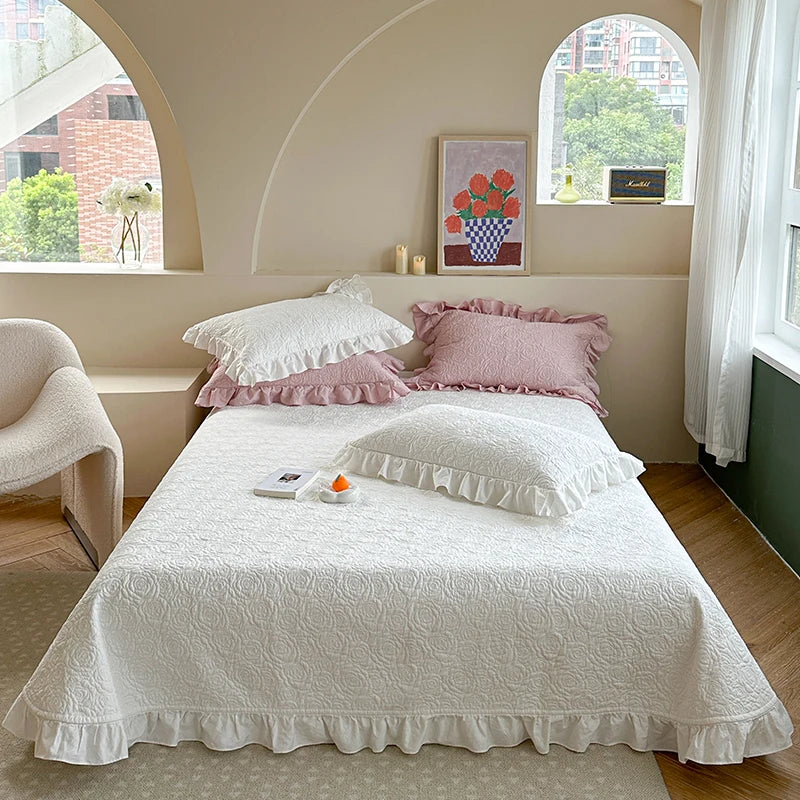 Afralia™ Rose Flower Bed Cover Set: Quilted Washed Cotton with Lace Ruffles, Two-Sided Design