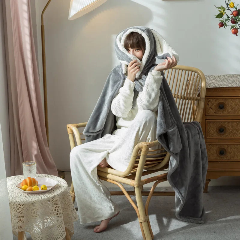 Afralia™ Shark Blanket: Cute Rabbit Design, Cozy Flannel Cloak for Winter Comfort