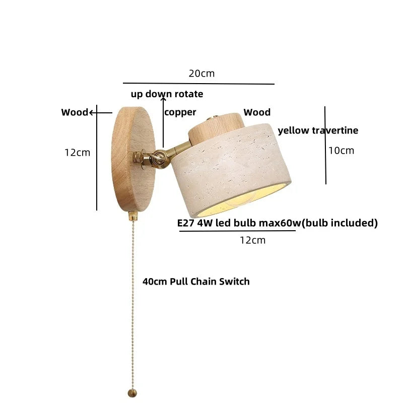 Afralia™ Vintage LED Wall Sconce Lamp Yellow Travertine Pull Chain Switch Wood Mirror Light