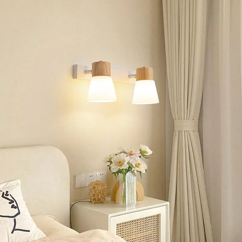 Afralia™ Nordic Double Head Wooden Wall Sconce LED Glass Lamp White