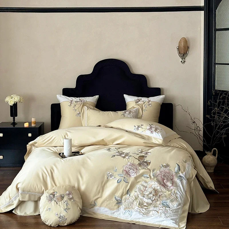 Afralia™ 5-Piece Chinese Flowers Bird Embroidery Bedding Set, 1000TC Egyptian Cotton, Queen King