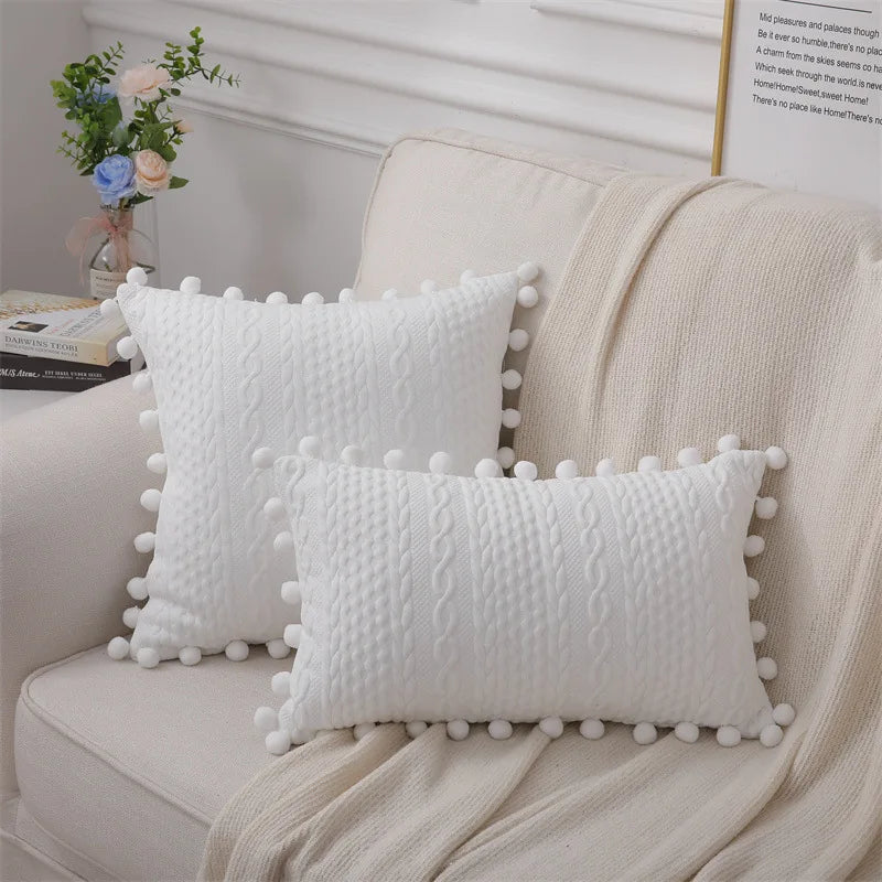 Afralia™ Lace Pompom Cotton Cushion Cover, 50x50cm, White Balls, Soft Seat Cover, Home Decor