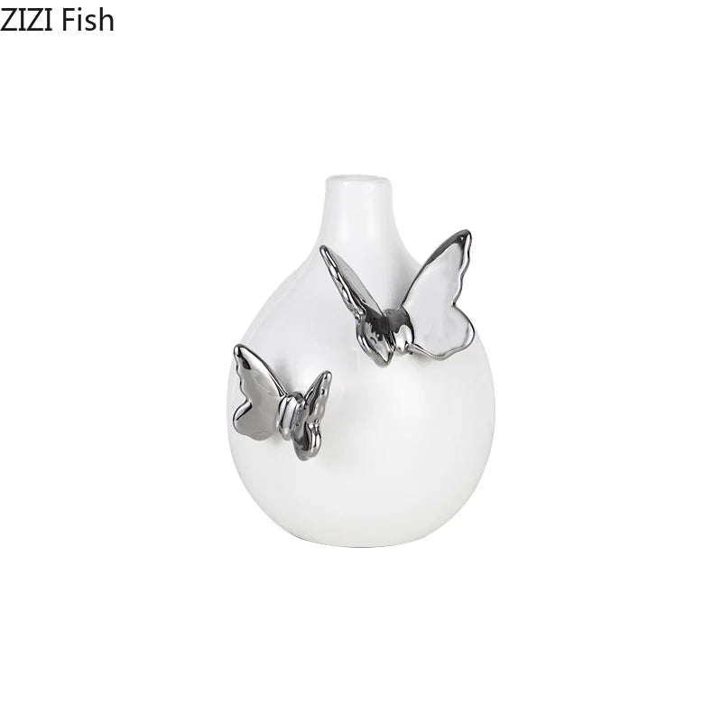 Afralia™ Silver Butterfly Ceramic Vase for Desk Decoration and Floral Arrangement