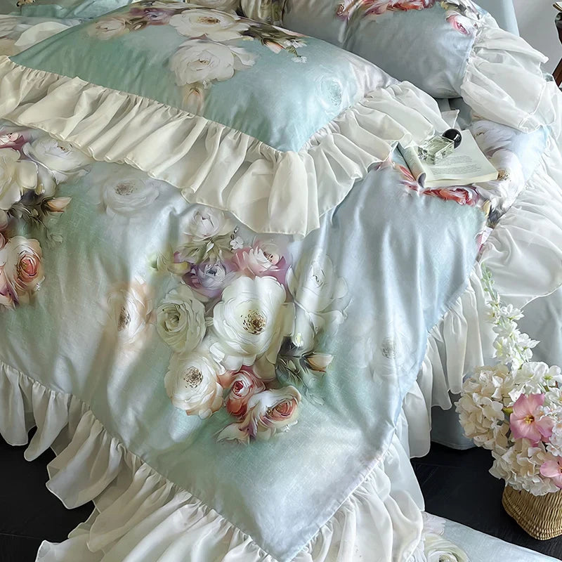 Afralia™ French Flowers Lace Ruffles Bedding Set: Soft Silky Ice Silk for Single Queen King