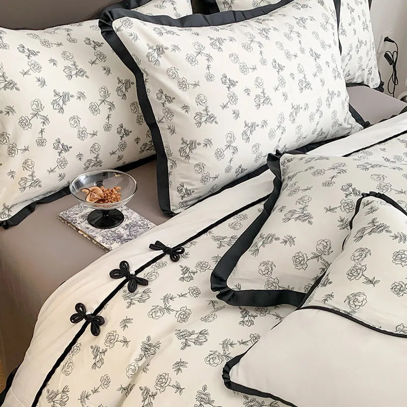 Afralia™ Floral Retro Pleated Cotton Bedding Set for Cozy Comfort and Style