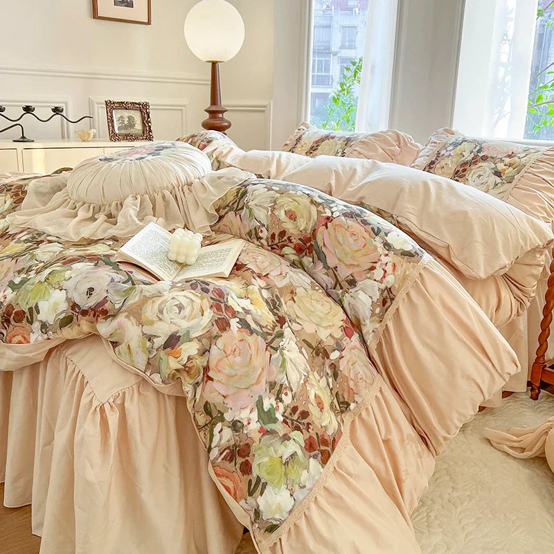 Afralia™ Vintage Floral Print Cotton Bedding Set with Ruffles & Pleats