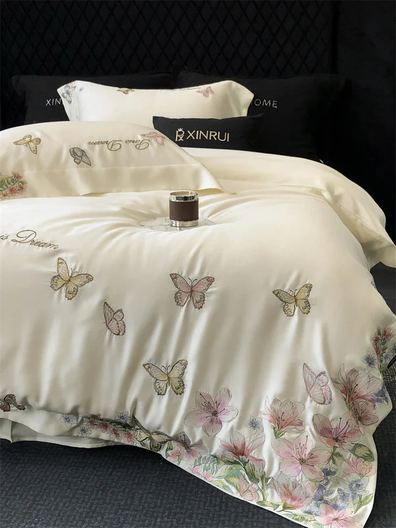 Afralia™ Butterfly Flowers Embroidery Bedding Set: Silky Soft Eucalyptus Fiber Duvet Cover