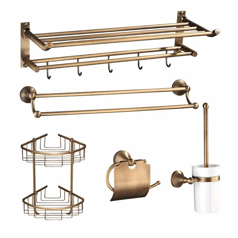 Afralia™ Antique Brass Bathroom Accessory Set: Towel Rack, Paper Holder, Soap Dish, Towel Ring, & More