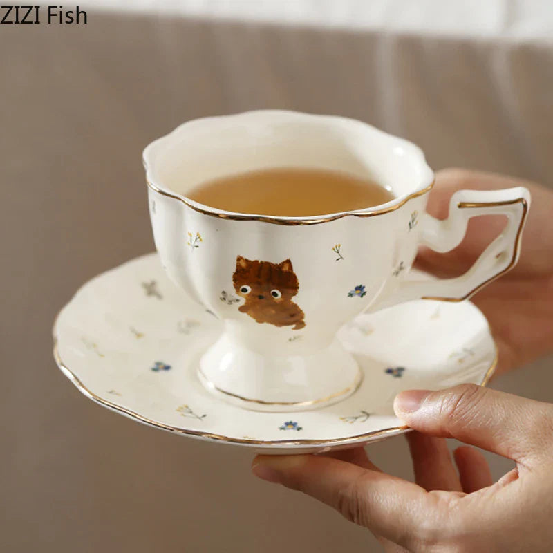 Afralia™ Cartoon Kitten Pattern Porcelain Coffee Mug Set Ayshacollection