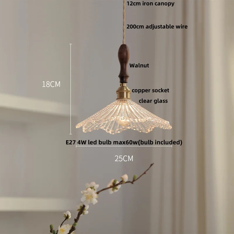 Afralia™ Nordic Walnut Wood LED Pendant Light Clear Glass Hang Lamp