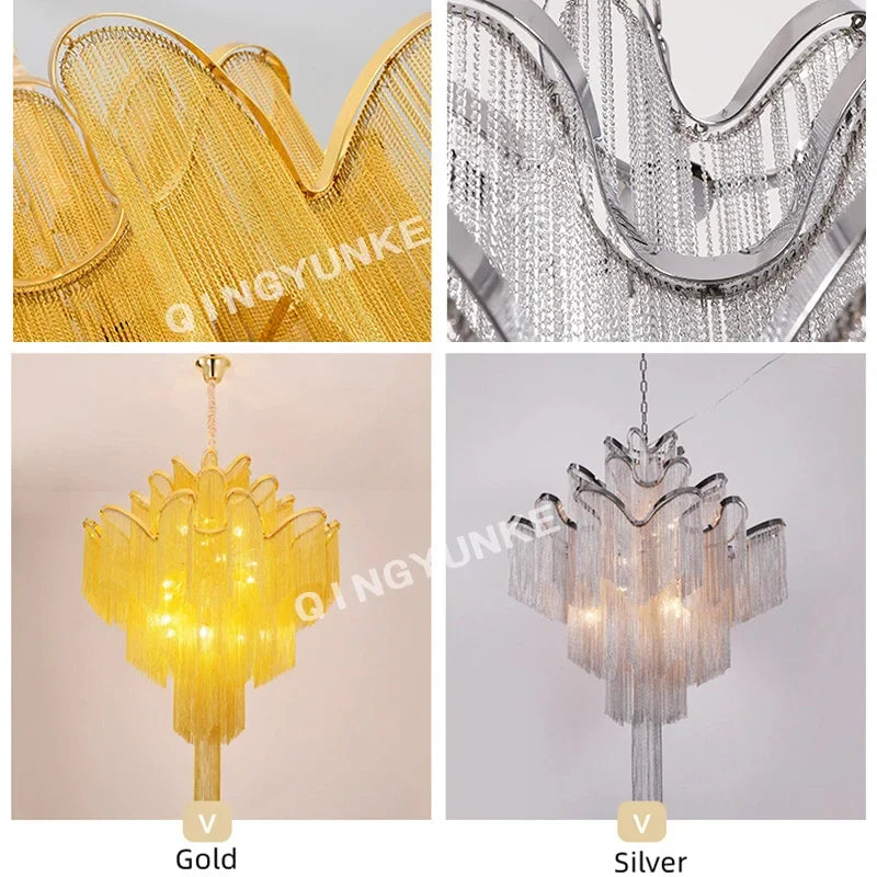 Afralia™ Fringed Chandelier: Silver & Gold Aluminium Chain Pendant Light for Luxe Home & Hotel Decor