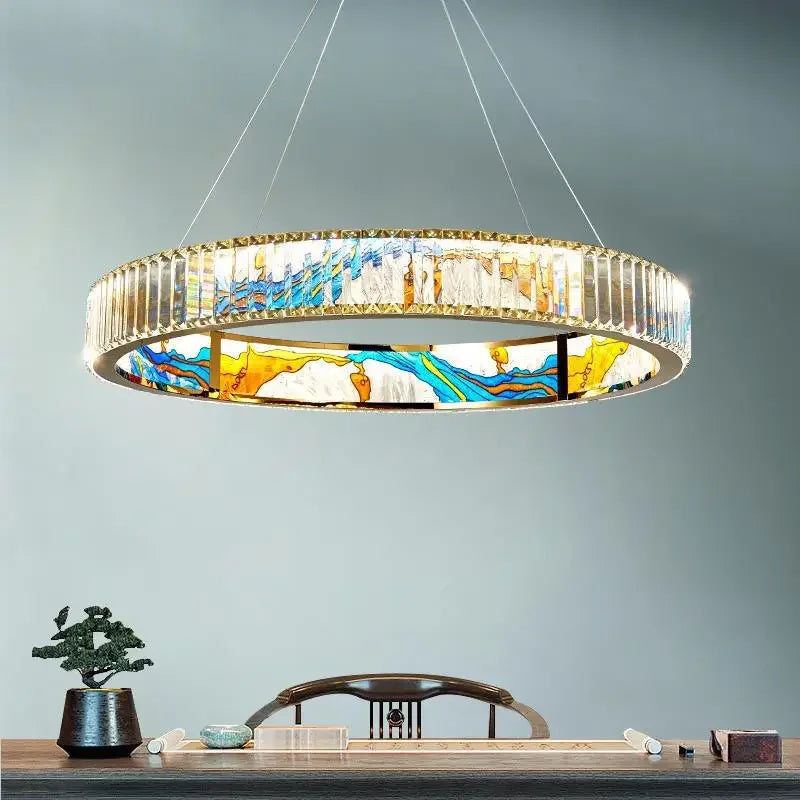 Afralia™ Luxury Enamel Chandelier Crystal Glass Pendant Light with LED Ring for Villa Decor