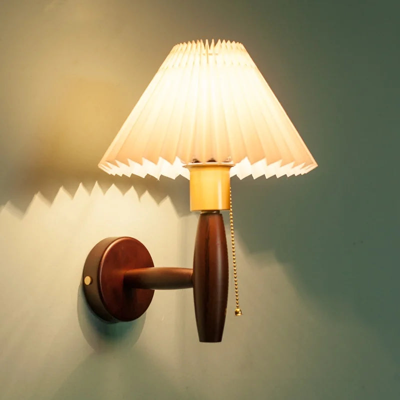 Afralia™ Pleated Fabric LED Wall Sconce Lamp Walnut Wood Light