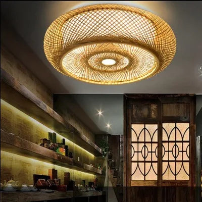 Afralia™ Bamboo Wicker Rattan Round Lantern Ceiling Light - Chinese Style Hand-Woven Fixture