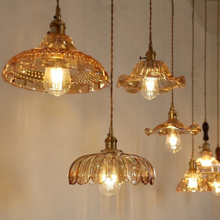 Afralia™ Amber Flower Glass LED Pendant Light - Modern Nordic Copper Switch Hang Lamp