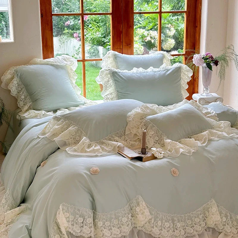 Afralia™ Princess Wedding Luxury Bedding Set 1200TC Egyptian Cotton Lace Ruffles Flowers Embroidery