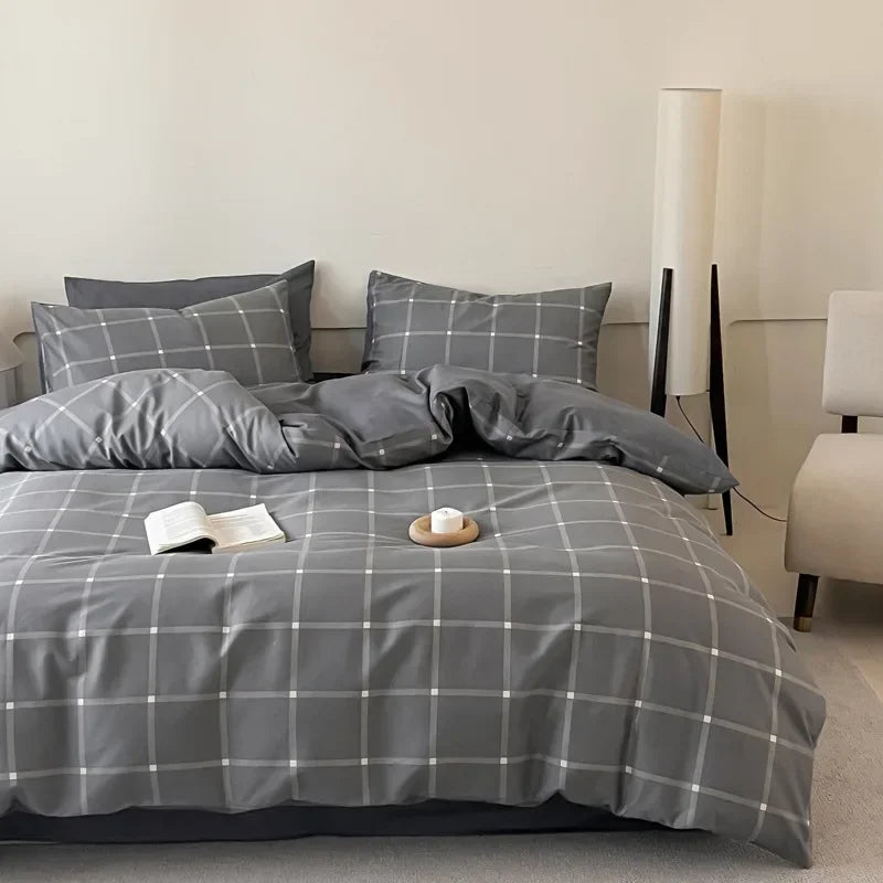 Afralia™ Soft Cotton Grid Printed Bedding Set for Single/Double Bed