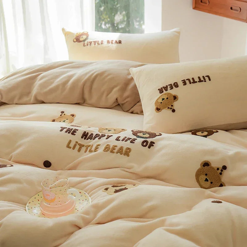 Afralia™ Embroidered Fleece Winter Bedding Set: Duvet Cover, Sheet, Quilt, Pillowcases