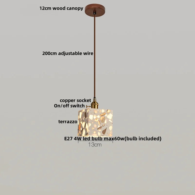 Afralia™ Terrazzo Stone Glass Pendant Light Fixture Wood Knob Switch LED Hang Lamp
