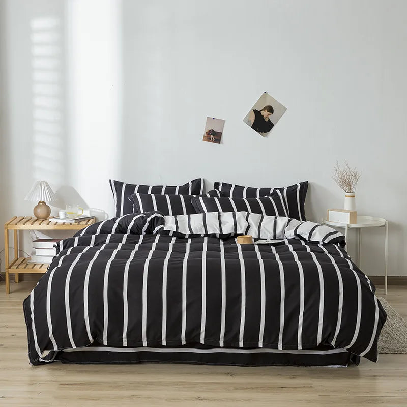 Afralia™ Line Block Print Bedding Set, Duvet Cover with Sheet Pillowcases, Single Double Bed
