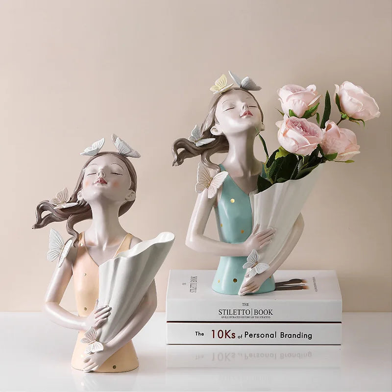 Afralia™ Butterfly Girl Sculpture Vase Set - Modern Decorative Resin Flower Ornaments