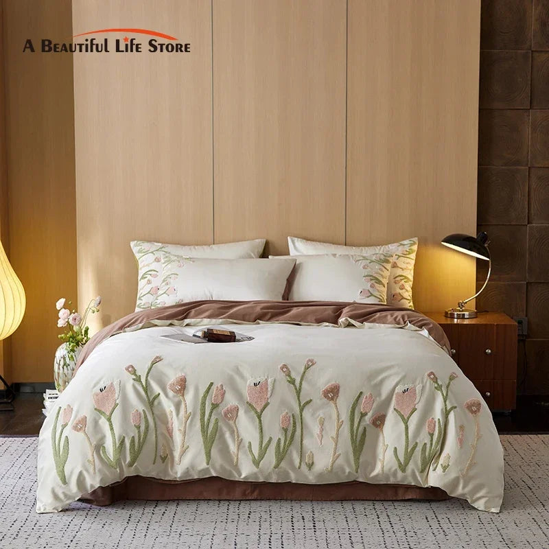 Afralia™ 4-Piece Egyptian Cotton Tulip Towel Embroidery Bedding Set