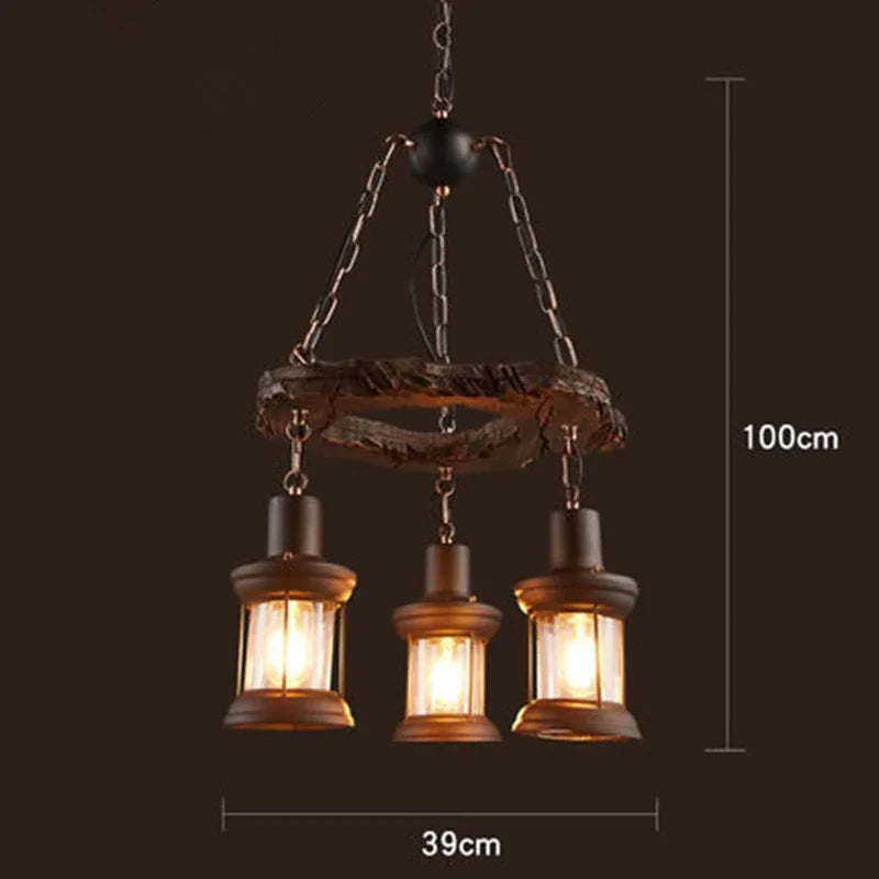Afralia™ Retro Country Wooden Chandelier for Bar Cafe Restaurant, Industrial Style LED Lamps